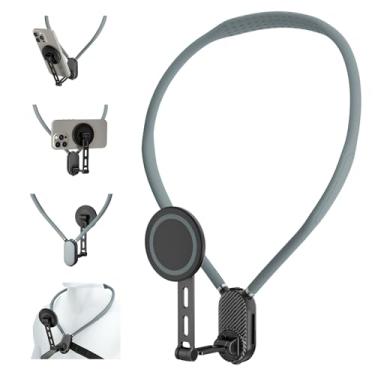 Imagem de qirita Suporte magnético de pescoço para telefones, suporte de telefone com gola POV, mãos livres, suporte de pescoço de telefone perfeito para vlogging, esportes, viagens, iPhone celular Android