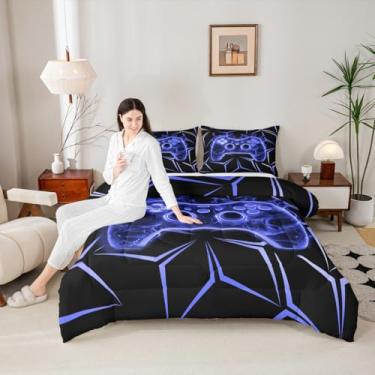 Imagem de Conjunto de edredom azul, geométrico neon, moderno, conjunto de cama para crianças, meninas, meninos, adolescentes, adultos, edredom acolchoado para jogadores, coleção de quarto, tamanho solteiro, 2