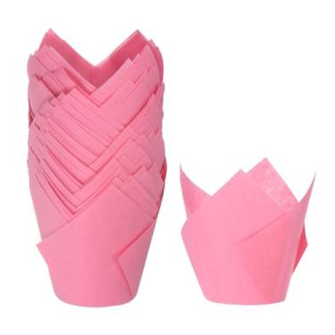 Imagem de Generic 50 peças de forros de cupcake de tulipa copos de papel padrão para assar embalagens à prova de gordura descartáveis para festa de banquetes de aniversário, rosa vermelha