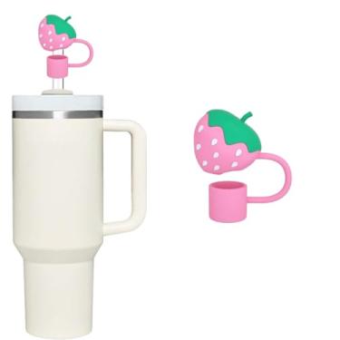 Imagem de Tampas de palha de morangos rosa para Stanley Cup, tampa de silicone de 10 mm para copo Stanley, protetor de tampão portátil à prova de poeira de 1 cm