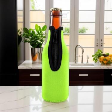 Imagem de Jaqueta isolante para garrafa de cerveja com zíper mantém a cerveja fria e as mãos quentes, neoprene extragrosso clássico com bordas de tecido costuradas, fundo fechado (verde)