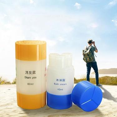 Imagem de Conjunto de garrafas de viagem 4 em 1, recipientes portáteis à prova de vazamento para xampu, loção e cosméticos, frascos pequenos de líquido para viagem, azul + laranja
