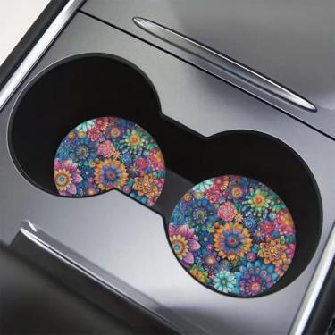 Imagem de Porta-copos de carro para porta-copos 2 pacotes hippie flores florais absorventes suporte de copo de carro acessórios automotivos porta-copos com fundo de borracha antiderrapante
