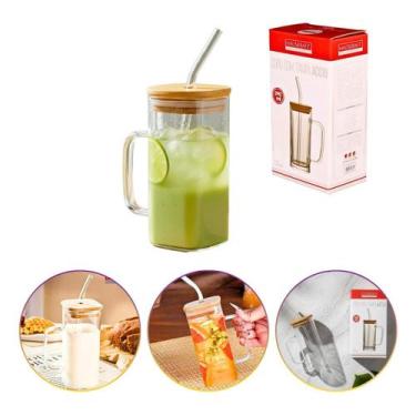 Imagem de Caneca de Vidro Accio com Tampa De Bambu Canudo Borossolicato Para Caf