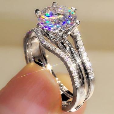 Imagem de Anéis de noivado elegantes incrustados de zircônia cúbica redonda banhada a ouro branco, anéis de compromisso, festas noturnas, presentes de dia dos namorados, alianças de eternidade para mulheres, 9