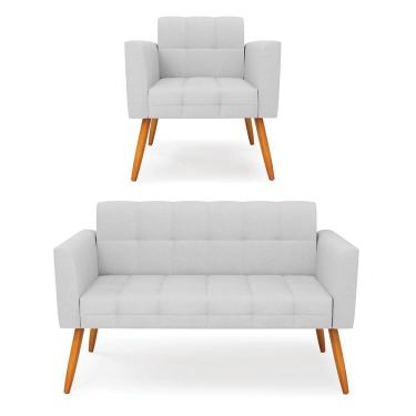 Imagem de Kit 1 Sofá Namoradeira E 1 Poltrona Elisa Linho Cinza A05 Pés Palito Castanho - D'rossi
