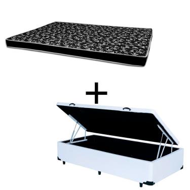 Imagem de Cama Box Baú Solteiro 88 Tecido Sintético Branco Com Colchão Hamburgo - 100% Espuma - D28 Preto 55x88x188