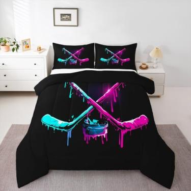 Imagem de Jogo de cama solteiro com estampa de jogador de hóquei no gelo, temática de esportes de inverno, para crianças, meninas, meninos, decoração de todas as estações