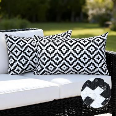 Imagem de Cythasily 2 conjuntos de capas de travesseiro para ambientes externos 30,5 x 50,8 cm, capa de almofada lombar Boho Farmhouse para primavera, verão, jardim, barraca, varanda, banco, sofá, pátio, preto