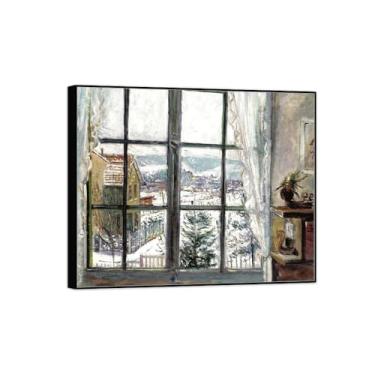 Imagem de BMZFYBS Imagem de arte de parede de paisagem - impressões em tela vintage - janela - pintura de moldura preta para sala de estar decoração de casa de fazenda 70 x 85 cm 27 x 33 pol