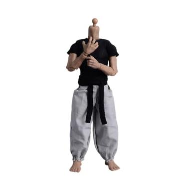 Imagem de Fremego Roupas Masculinas Em Escala 1/12, Calças Justas De Manga Curta, Traje Combate Guerreiro, Roupa Esportiva Para Bonecos Ação 6 Polegadas (Blusa Preta + Cinto Preto Calça Branca)