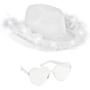 Imagem de Funcredible Chapéu de cowboy branco e óculos - chapéu de vaqueira iluminado para meninas - Chapéu de cowboy com penas, Branco, tamanho �nico