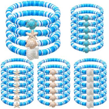 Imagem de Huquary 24 Pcs Under the Sea Party Favors Ocean Polymer Clay Beaded Bracelets Bulk Shell Turtle starfish Ankle Bracelets for Under the Sea Themed Birthday Summer Beach Party Supplies