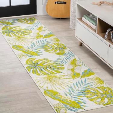 Imagem de JONATHAN Y LUX100A-28 Tapete de área interna de folhas tropicais Monstera, litoral, floral, boêmio de fácil limpeza, quarto, cozinha, sala de estar, sem queda, marfim/verde, 2 X 8