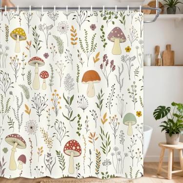 Imagem de DYNH Linda cortina de chuveiro de cogumelo, boho, flores silvestres, plantas botânicas, folhas verdes, cortina de banheira, retrô, quinta, estética, casa de banho, decoração com ganchos, 169 x 170 cm