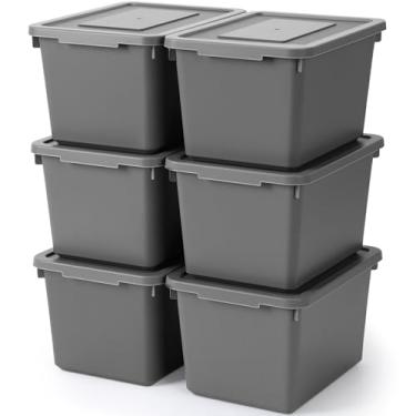 Imagem de Potchen 6 caixas de armazenamento de plástico com tampa média empilhável bloqueável 24 x 14 cm para organizar cestas de armazenamento para prateleiras de escritório (cinza)