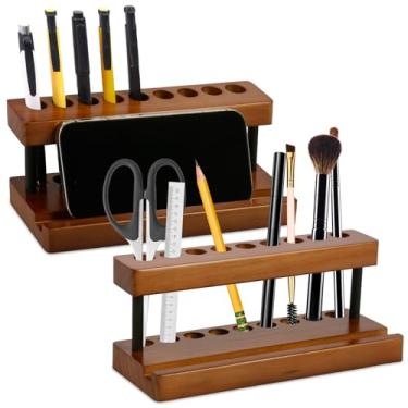 Imagem de Tcwhniev 2 porta-canetas de madeira com 9 compartimentos e suporte de telefone para mesa, organizador decorativo de lápis de madeira, suporte de exibição de canetas para decoração minimalista de