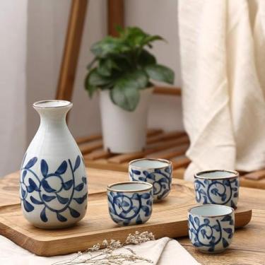 Imagem de JOEUQK Conjunto de copos de saquê japonês, 5 peças, cerâmica, cerâmica, tradicional, artesanato, taças de vinho, conjunto de saquê japonês com 1 garrafa de saquê e 4 copos de saquê, C