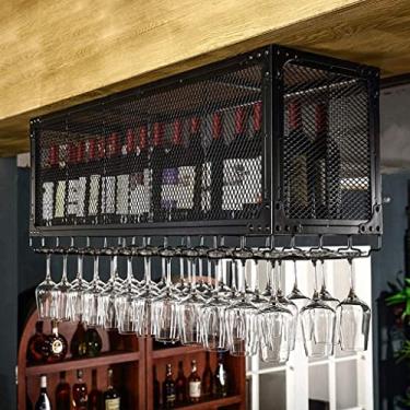 Imagem de Prateleiras de vinho montadas no teto, suporte de garrafa de vinho vintage preto pendurado, prateleiras de taça, suporte de armazenamento de armário de vinho de grade de metal (tamanho: 100 × 35 cm ×