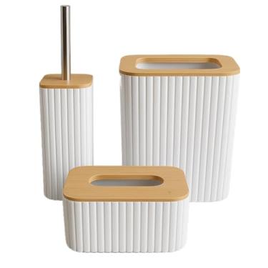 Imagem de Kit Banheiro Luxo 7 Peças em Bambu – Lixeira, Porta Escova, Dispenser e Acessórios para Lavabo(3 Peças Branco - Banheiro Luxo)