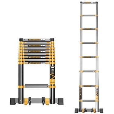Imagem de OKUOKA Escadas, escada telescópica, retração de um botão, escada de telesextensão de alumínio com barra estabilizadora para suporte diário, 150 kg, capacidade de 150 kg, escada de degrau, 7 m