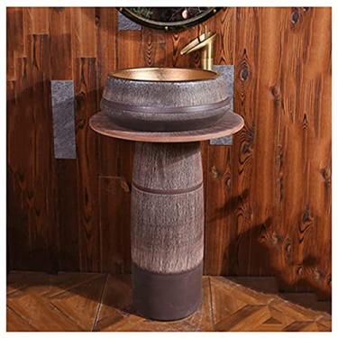 Imagem de Pia de banheiro de cerâmica tradicional com pedestal completo e um orifício de torneira bacia luxuosa fácil de limpar unidade de lavatório montada no chão E sem espelho (Q com espelho) (A sem espelho)