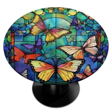 Imagem de hongjinglin Toalha de mesa redonda com borda elástica borboleta animal coloful vidro toalha de mesa redonda limpa para ambientes internos e externos, pátio, sala de jantar, cozinha, decoração para