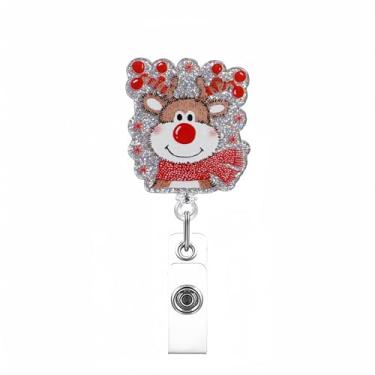 Imagem de Carretel de crachá de alce de Natal com glitter e suporte de crachá de rena com clipe de jacaré, clipe engraçado para crachá de identificação, fofo, inverno, férias, acrílico, retrátil, carretel de