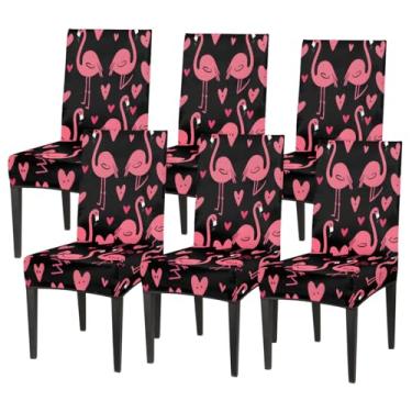 Imagem de hongjinglin Conjunto de 6 capas elásticas para cadeira de sala de jantar, capa protetora de assento de flamingo, coração, animal, lavável, para cozinha, casa, hotel, banquete, festa de casamento