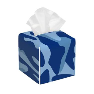 Imagem de Capa quadrada de couro para caixa de lenços de papel, impermeável, camuflada, azul, organizador de papel facial com cinto inferior, estojo de lenços para mesa, banheiro, escritório, mesa, carro