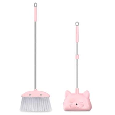 Imagem de Conjunto de mini vassoura com pá de lixo para crianças, 71 cm, conjunto de vassoura e pá de lixo para crianças, em forma de gato, conjunto de limpeza e vassoura para meninos e meninas, rosa