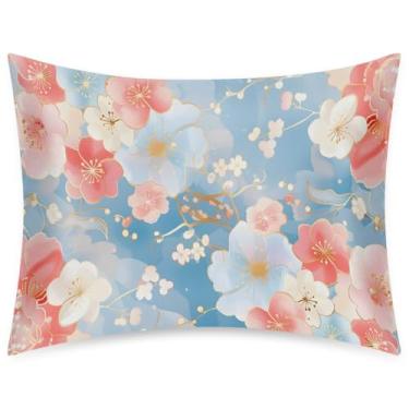 Imagem de Fronha de almofada de cetim de seda de tamanho padrão para cabelo e pele, capa de almofada macia antiderrapante refrescante flor de cerejeira rosa azul com fecho de envelope para dormir mulheres