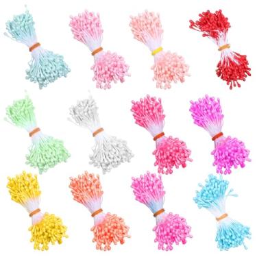 Imagem de 1800 peças de estames de flores de cabeça dupla, estame de flor de pérola artificial para artesanato, estame floral colorido de 3 mm, para fazer flores, cores sortidas, 12 cores, estames, suprimentos