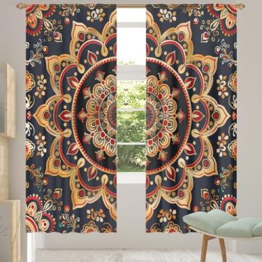 Imagem de 2 conjuntos de painéis de cortinas transparentes étnicas amarelas mandala, cortinas transparentes arejadas com filtro leve, painéis de cortina de porta e janela para sala de estar, quarto, jantar, 203