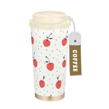 Imagem de SEHANY Caneca de viagem de cereja fofa de 482 g Copos de café reutilizáveis revestidos de cerâmica com tampa à prova de vazamento, parede dupla, isolamento a vácuo, copo de café de aço inoxidável para