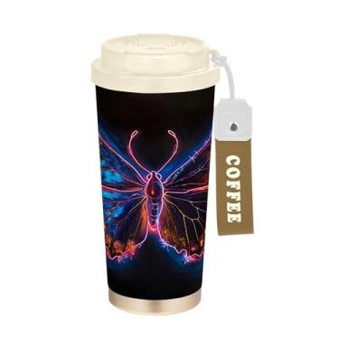 Imagem de SEHANY Caneca de viagem Neon Butterfly 482 g Copos de café reutilizáveis revestidos de cerâmica com tampa à prova de vazamento, parede dupla, isolamento a vácuo, copo de café de aço inoxidável para