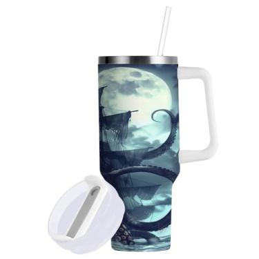 Imagem de ATTX Copo de navio pirata de 1,134 g com alça - Caneca de viagem de aço inoxidável isolada a vácuo, copo de café à prova de vazamento com canudo #878