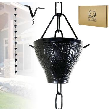 Imagem de U-nitt Correntes de chuva para calhas | Coletor e desviador de água da chuva | Corrente de chuva de metal de 2,6 m | Revestimento em pó preto com copo de girassol em relevo | Calha de teto | Kit de