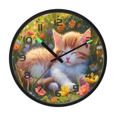 Imagem de SEHANY Relógio de parede de gato fofo, silencioso, sem tique-taque, operado por bateria, controle de som, luz noturna, relógios de parede para sala de estar, cozinha, quarto, escritório, decoração de