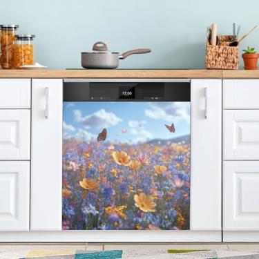 Imagem de ATTX Capa de ímã de lava-louças colorido flores silvestres prado, 58,4 cm C x 66 cm A decoração da capa da máquina de lavar louça, decalques de armário doméstico eletrodomésticos adesivos #140