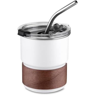 Imagem de Copo de Café em Inox 250ml com Tampa Hermética e Canudo – Aço Inox 304, Pegador em Fibra Natural e Acabamento Fosco Branco
