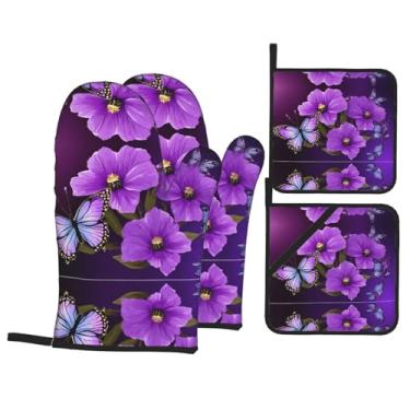 Imagem de Conjunto de luvas de cozinha estampadas com suportes de tampa, luvas de forno resistentes ao calor para manusear panelas quentes, grelhar, churrascos, kit de 4 peças.