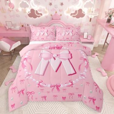 Imagem de Feelyou Conjunto de edredom com laço rosa kawaii, tamanho solteiro, presente para crianças, meninas, conjunto de cama com letra M, edredom fofo, laço de coquete, decoração de quarto, monograma, 2