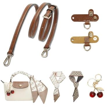 Imagem de Alça transversal de couro de substituição com pingente de bolsa de cereja e 2 lenços de bolsa - Kit de alça de ombro ajustável para mini bolsa Longchamp