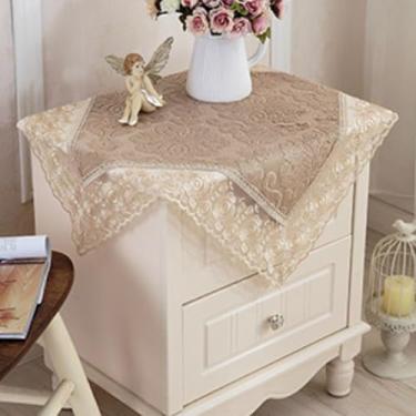 Imagem de Toalha de mesa de cabeceira quadrada pequena bordada floral capa de mesa de cabeceira de pano rústico toalha de mesa lateral de fazenda com acabamento de renda para quarto, cômoda, festa, cozinha