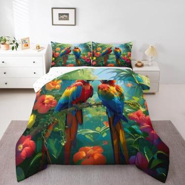 Imagem de jejeloiu Jogo de cama Queen com estampa floral de papagaio colorido, para meninos, meninas, pássaros, animais, folha de palmeira, natureza, edredom para decoração de quarto