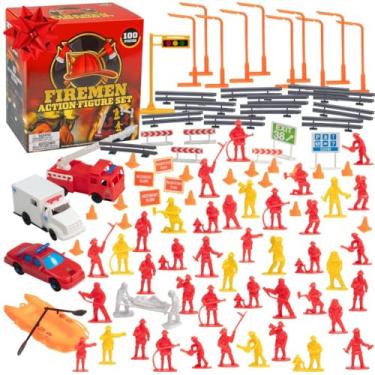 Imagem de SCS Direct Fireman Action Toy Figures - Firefighter Toys Figurines - 100 Pieces, 17 Unique Sculpts- Includes Firemen, Firetrucks, Ambulances, and More