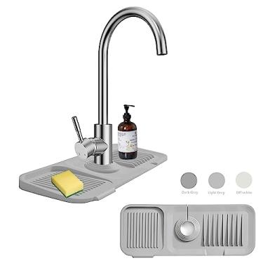 Imagem de MOODKEY Protetor De Respingos Para Pia Cozinha, Suporte Esponja Torneira Silicone, Bandeja Coletora Gotas, Tapete Tubo 6,35 Cm (Cinza Claro, 37,7 Cm)
