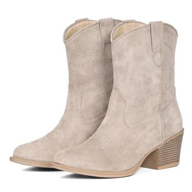 Imagem de IXU Botas caubói femininas cano curto cano curto bota clássica cano médio bico fino botas curtas grossas, Camurça Taupe, 36
