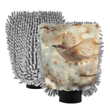 Imagem de STAYTOP Luvas de lavagem de carro lindas flores e pássaros voadores, 2 peças, luvas de microfibra de chenille, sem arranhões, panos de esponja de lavagem ultra absorventes para carros, limpeza